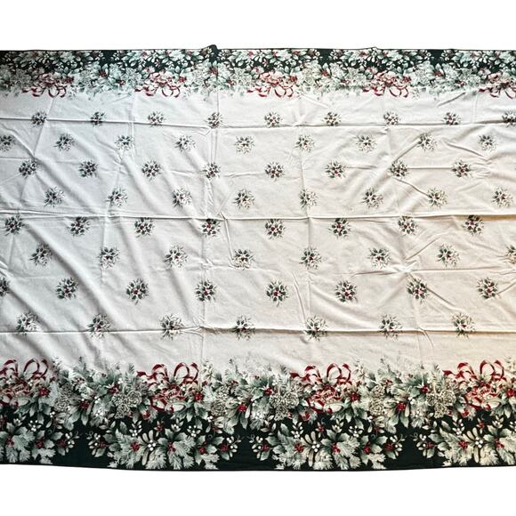 Christmas tablecloth long rectangle creamy white & green holly border print - Picture 3 of 9